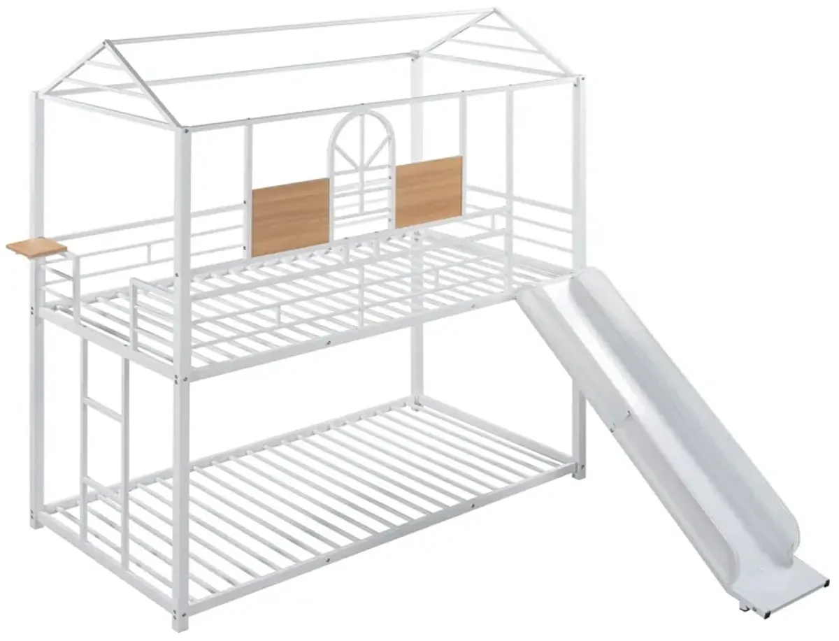 Twin Over Twin Metal Bunk Bed, Metal Housebed With Slide, Three Colors Available