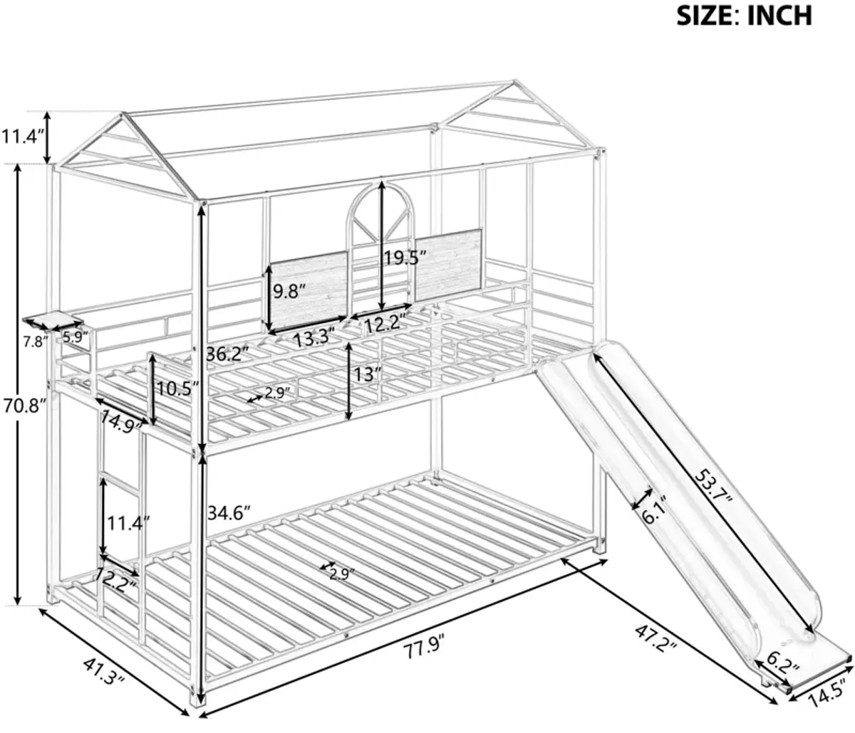 Twin Over Twin Metal Bunk Bed, Metal Housebed With Slide, Three Colors Available