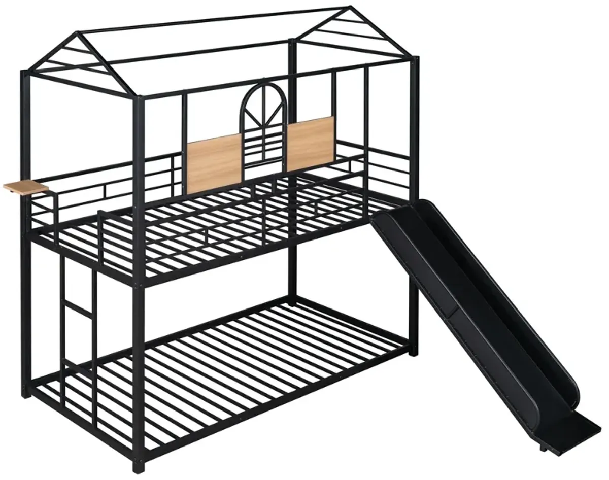 Twin Over Twin Metal Bunk Bed, Metal Housebed With Slide, Three Colors Available