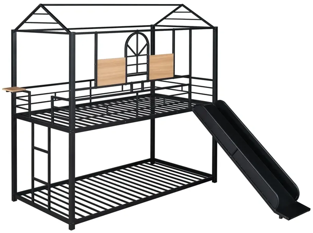 Twin Over Twin Metal Bunk Bed, Metal Housebed With Slide, Three Colors Available