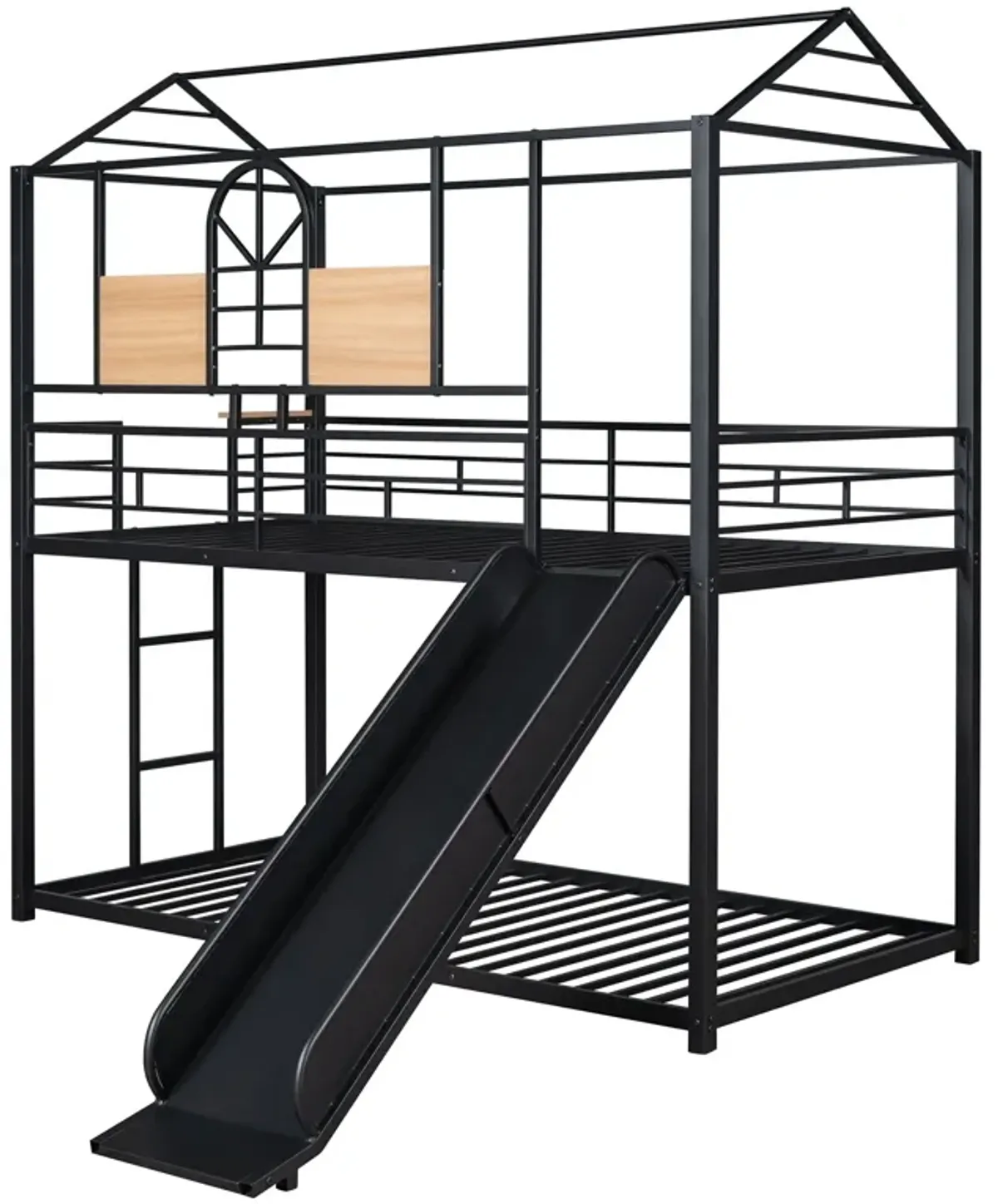 Twin Over Twin Metal Bunk Bed, Metal Housebed With Slide, Three Colors Available