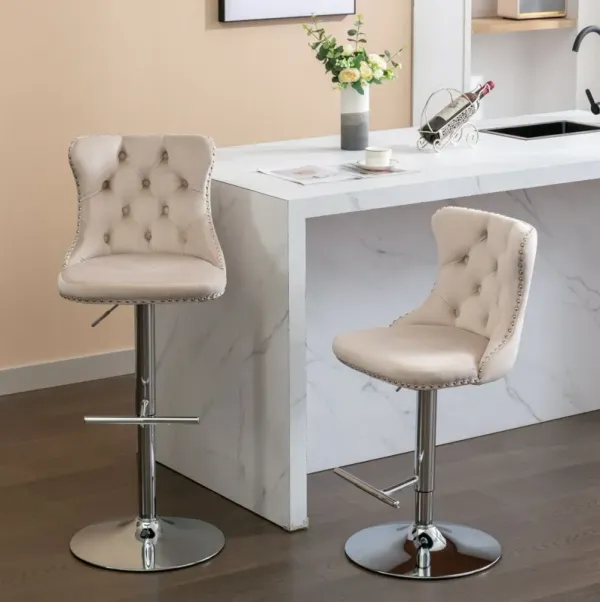 Swivel Velvet Barstools Adjusatble Seat Height From 25-33", Modern Upholstered Chrome Base Bar Stools With Backs Comfortable Tufted For Home Pub And Kitchen Island (Set of 2)