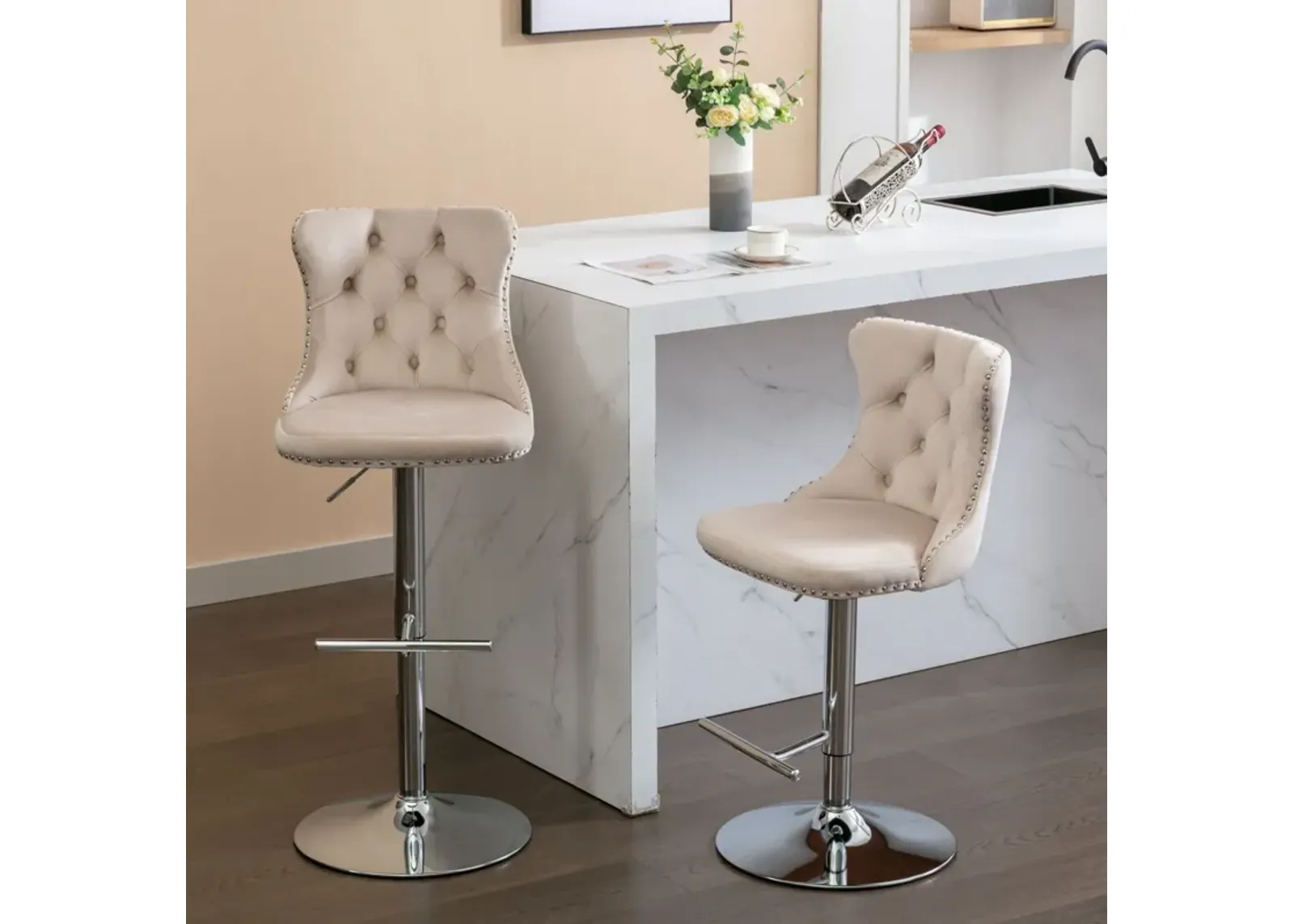 Swivel Velvet Barstools Adjusatble Seat Height From 25-33", Modern Upholstered Chrome Base Bar Stools With Backs Comfortable Tufted For Home Pub And Kitchen Island (Set of 2)