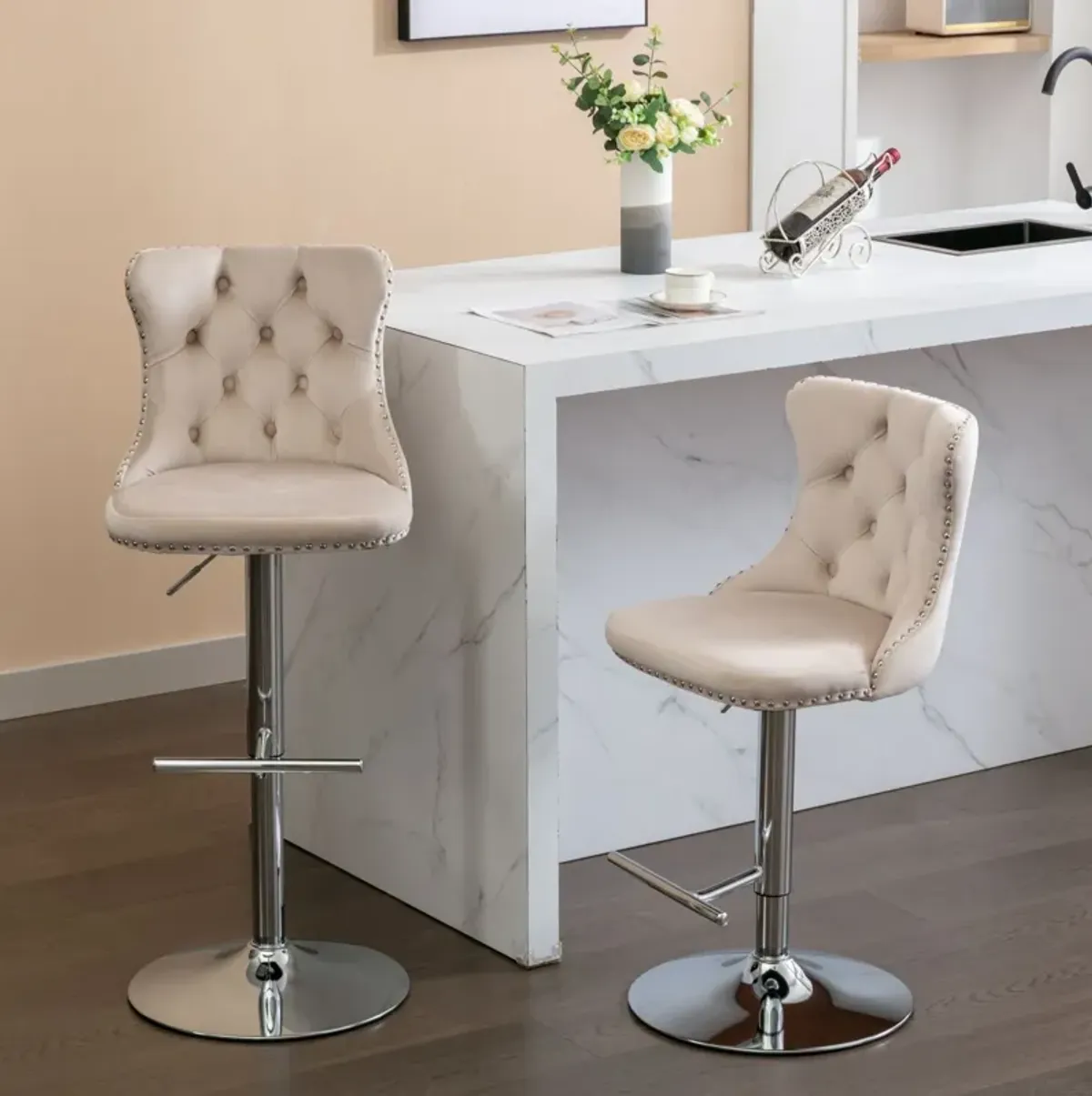 Swivel Velvet Barstools Adjusatble Seat Height From 25-33", Modern Upholstered Chrome Base Bar Stools With Backs Comfortable Tufted For Home Pub And Kitchen Island (Set of 2)