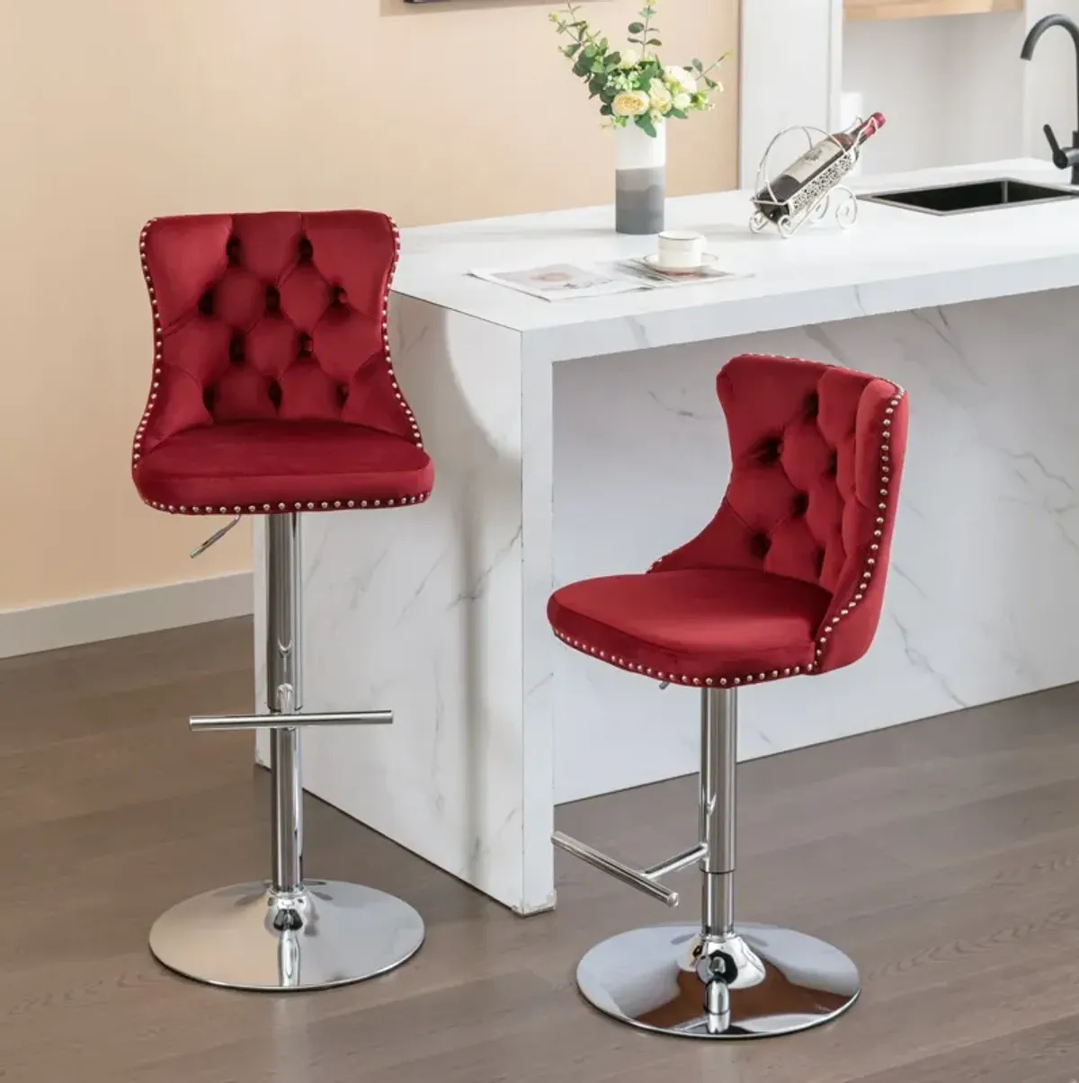 Swivel Velvet Barstools Adjusatble Seat Height From 25-33", Modern Upholstered Chrome Base Bar Stools With Backs Comfortable Tufted For Home Pub And Kitchen Island (Set of 2)