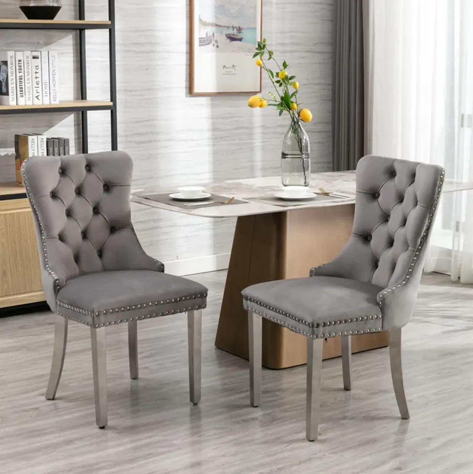 Nikki - Modern, High-End Tufted Solid Wood Contemporary Velvet Upholstered Dining Chair With Chrome Stainless Steel Plating Legs, Nailhead Trim (Set of 2)