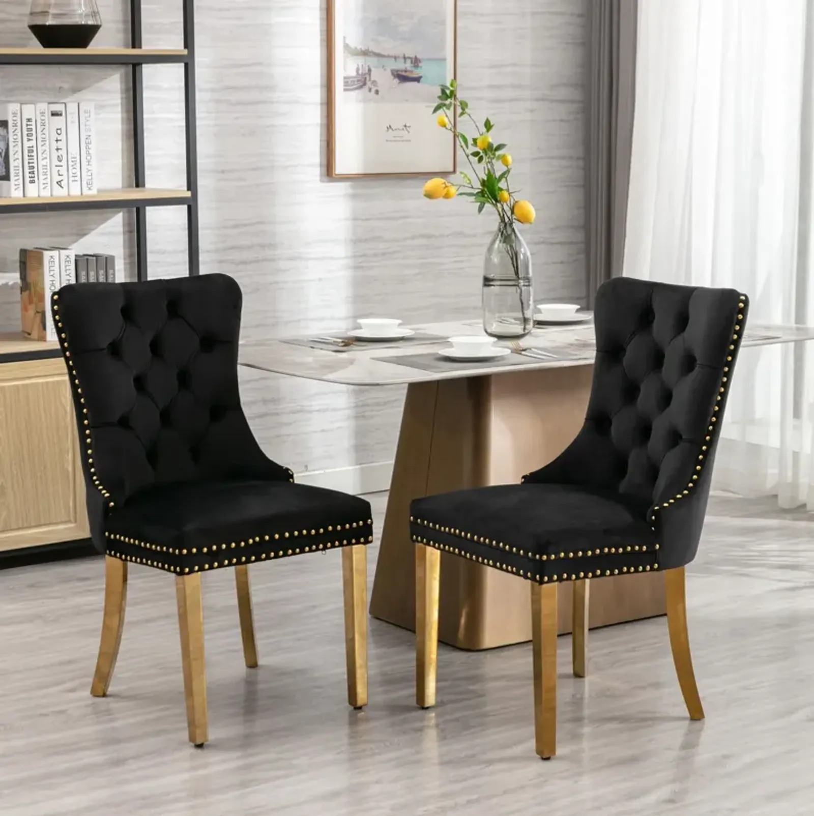 Nikki - Modern, High-End Tufted Solid Wood Contemporary Velvet Upholstered Dining Chair With Golden Stainless Steel Plating Legs, Nailhead Trim (Set of 2)