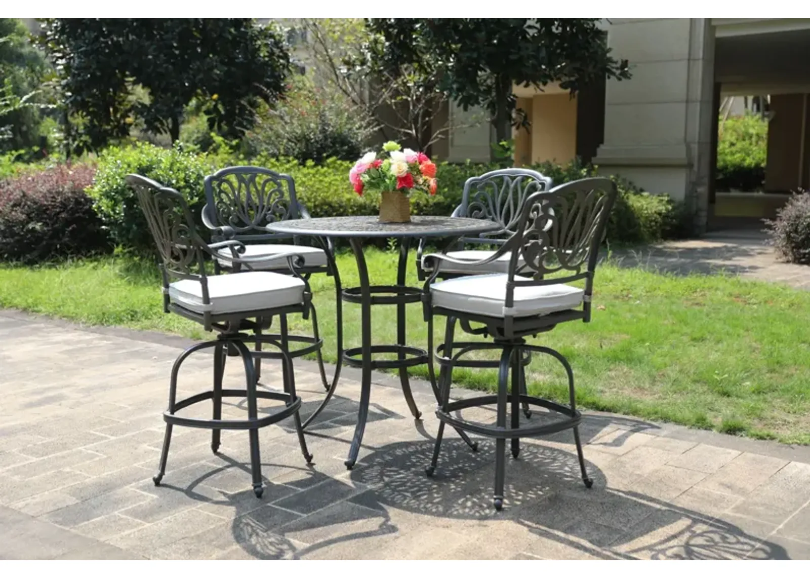 Round 41.97" Long Bar Height Dining Set With Cushions