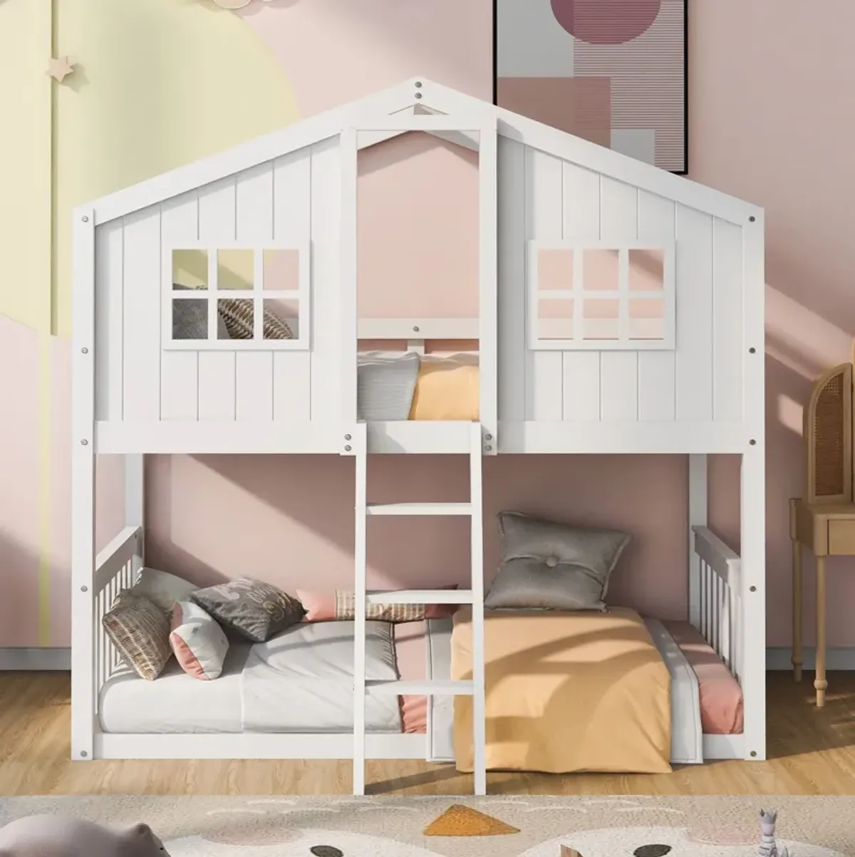 Twin Over Twin House Bunk Bed With Ladder, Wood Bed