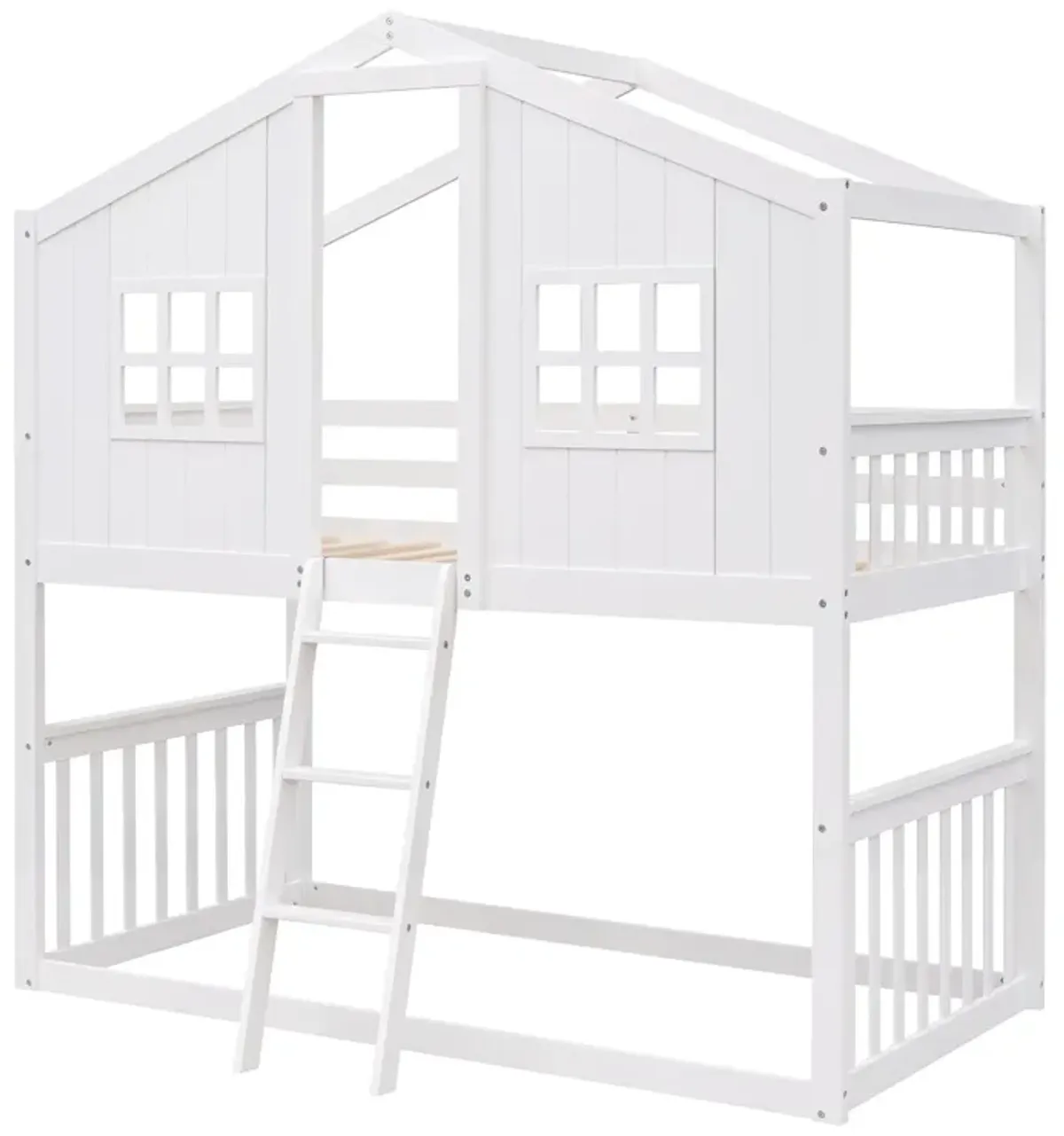 Twin Over Twin House Bunk Bed With Ladder, Wood Bed