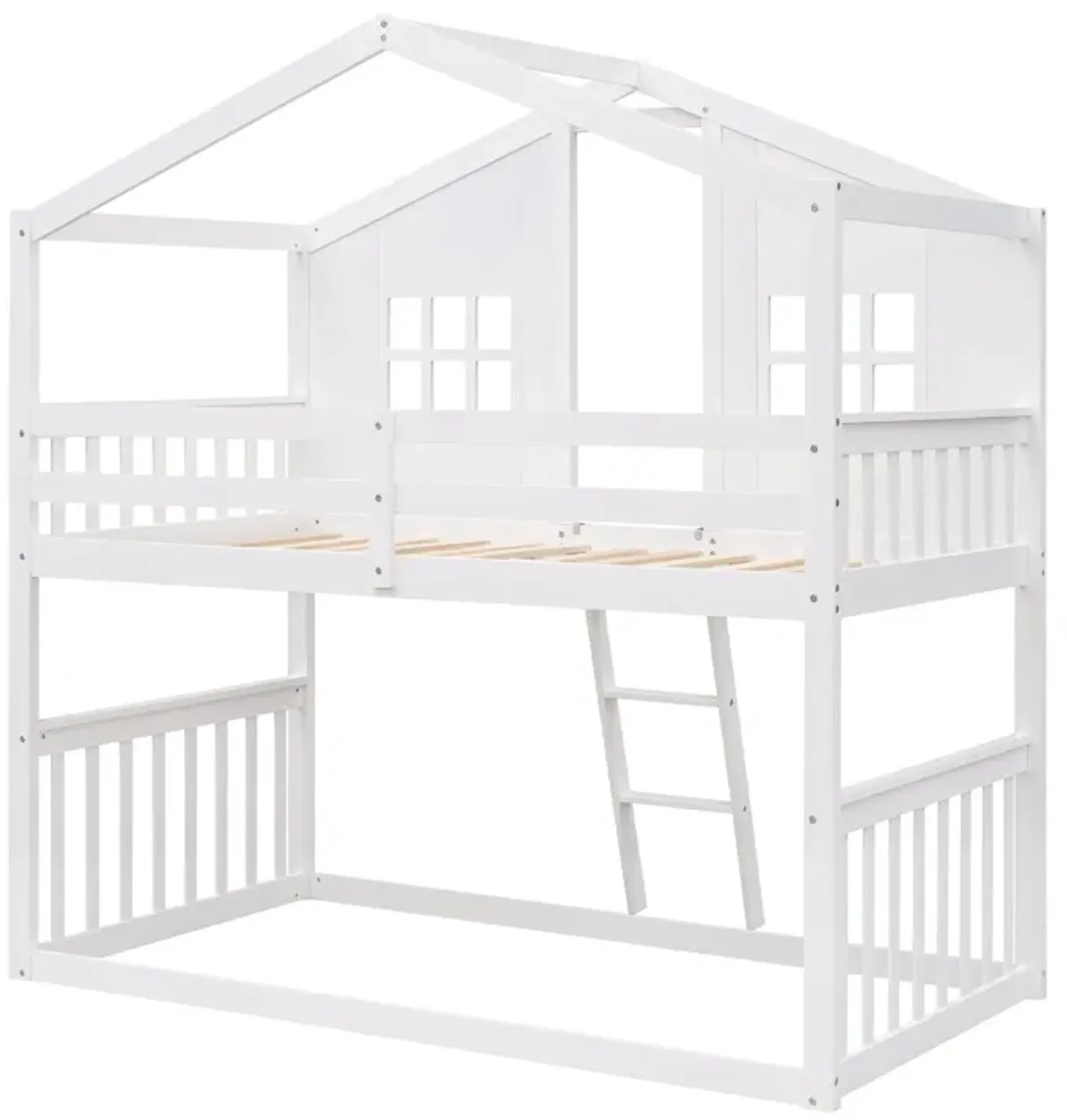 Twin Over Twin House Bunk Bed With Ladder, Wood Bed