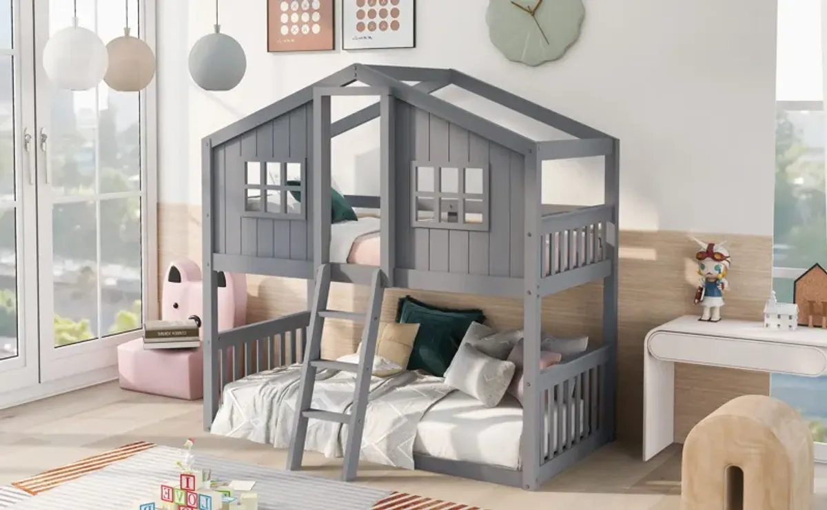 Twin Over Twin House Bunk Bed With Ladder, Wood Bed