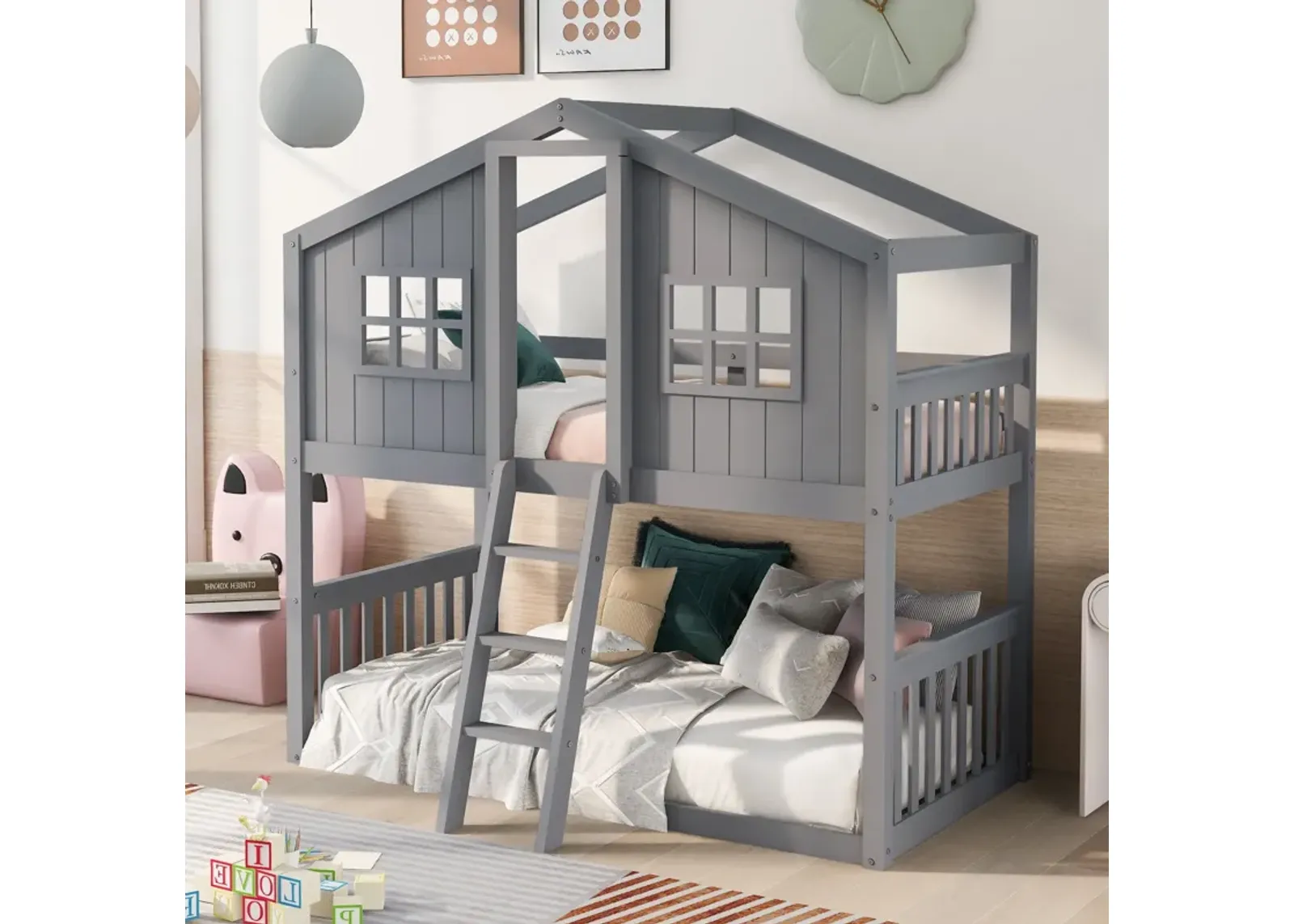 Twin Over Twin House Bunk Bed With Ladder, Wood Bed