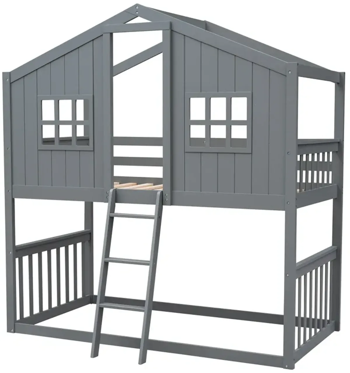 Twin Over Twin House Bunk Bed With Ladder, Wood Bed