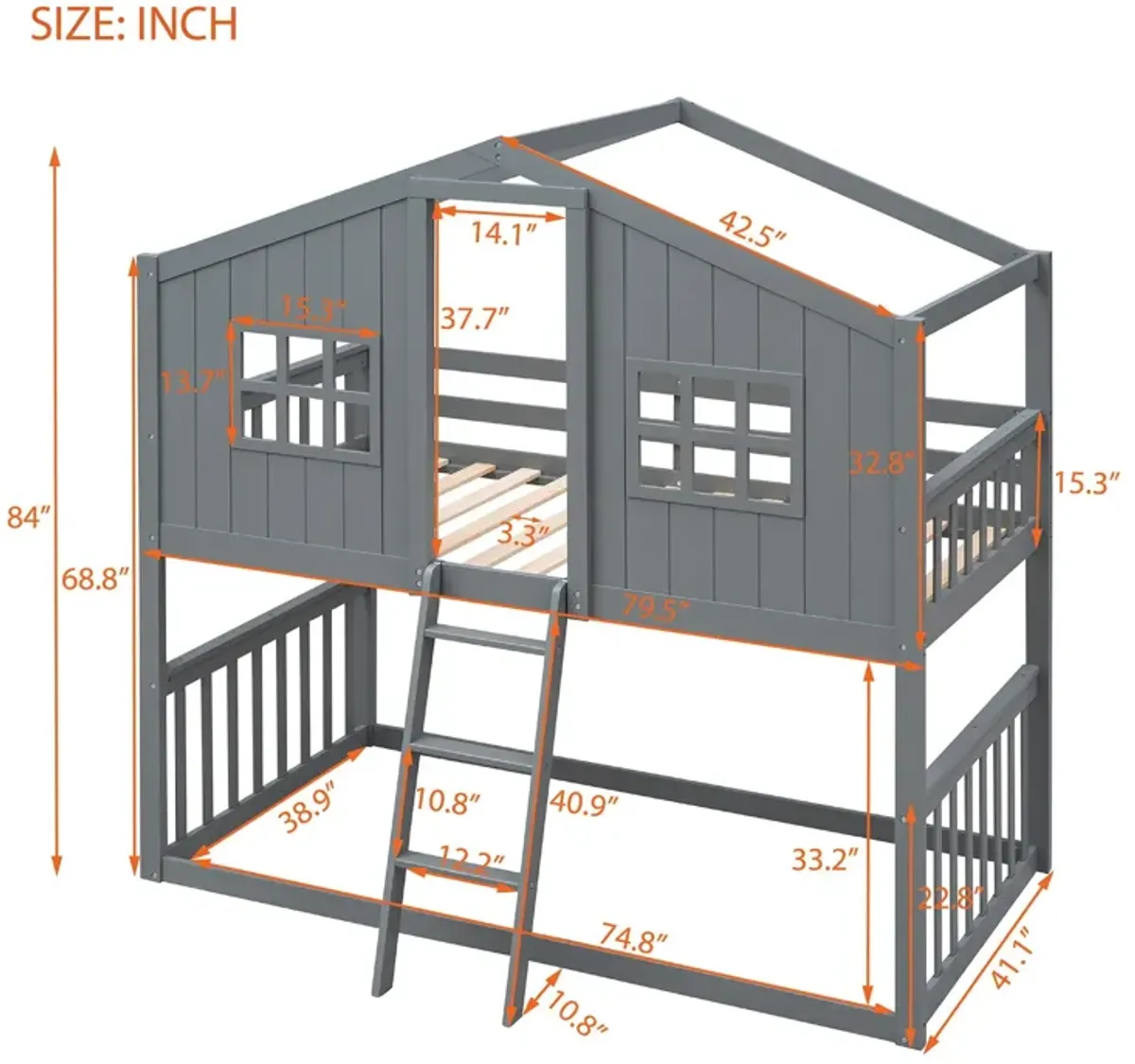 Twin Over Twin House Bunk Bed With Ladder, Wood Bed