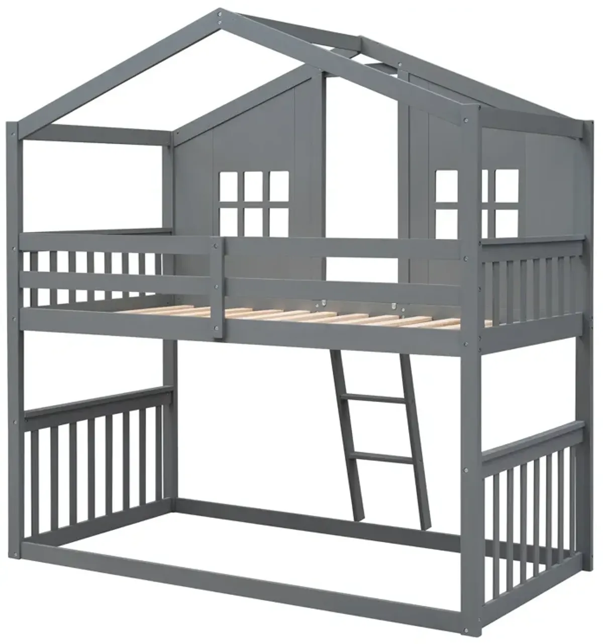 Twin Over Twin House Bunk Bed With Ladder, Wood Bed