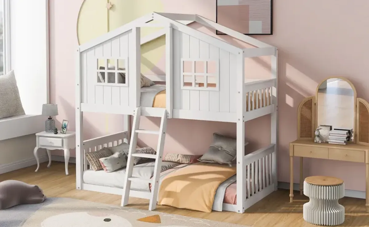 Twin Over Twin House Bunk Bed With Ladder, Wood Bed