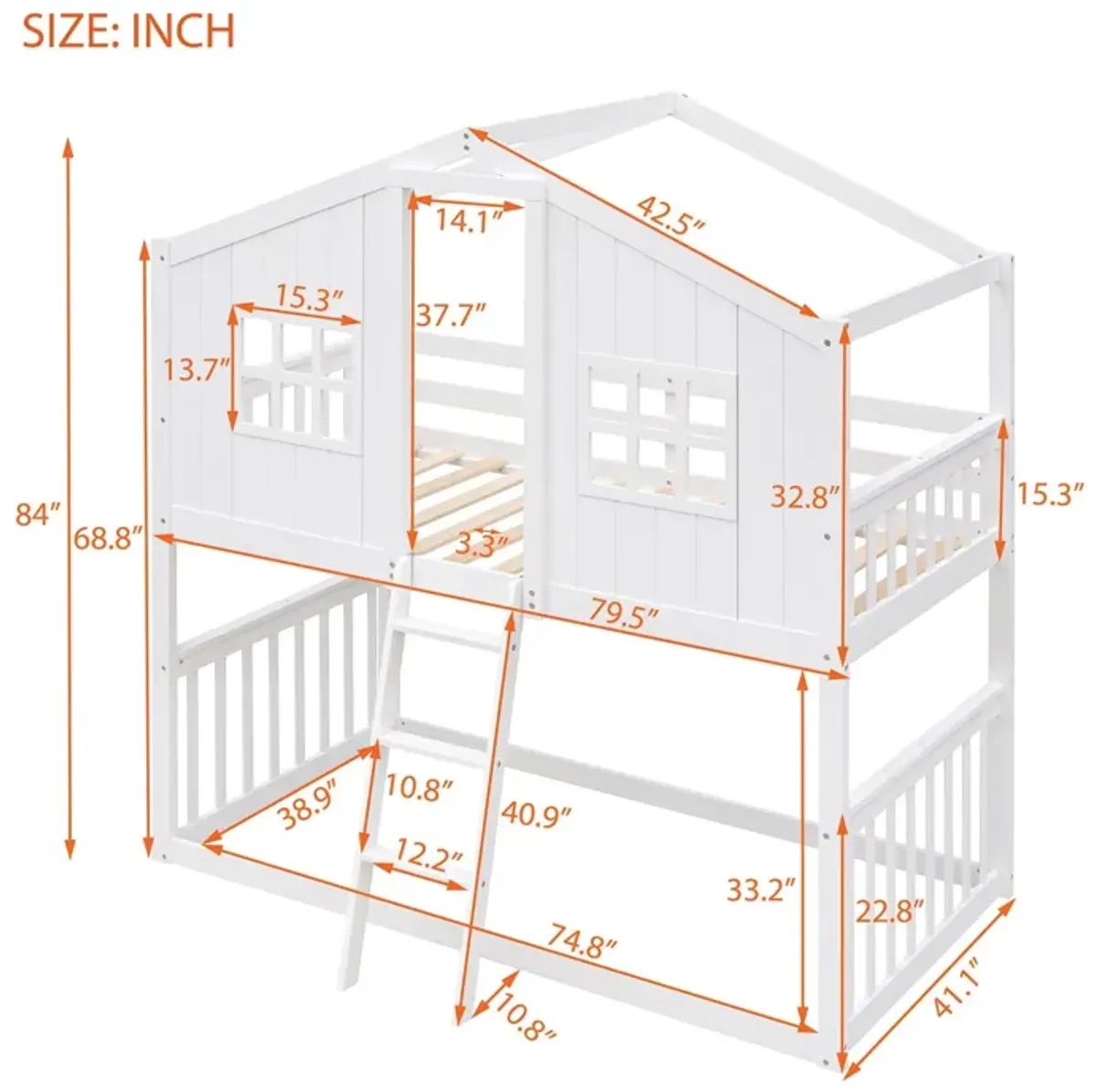 Twin Over Twin House Bunk Bed With Ladder, Wood Bed