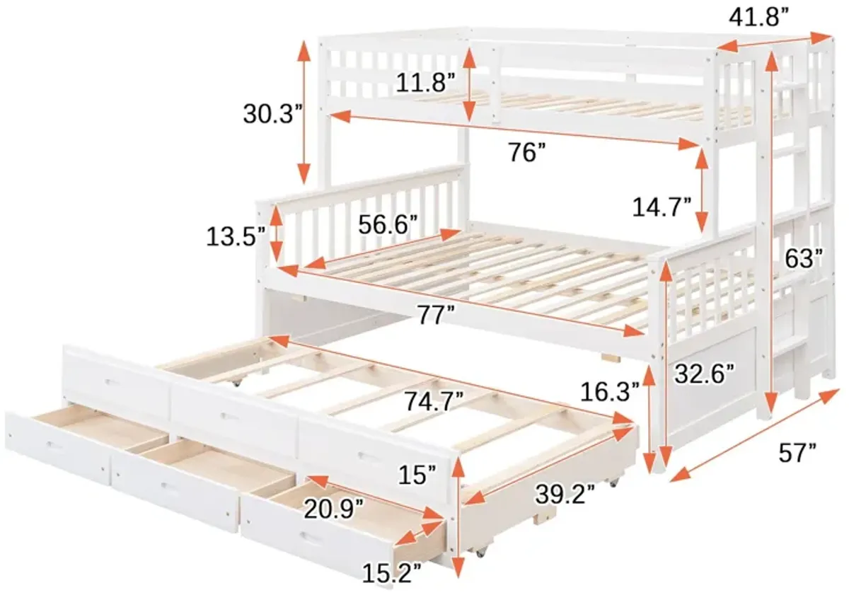 Twin Over Full Bunk Bed With Twin Size Trundle, Separable Bunk Bed With Drawers For Bedroom