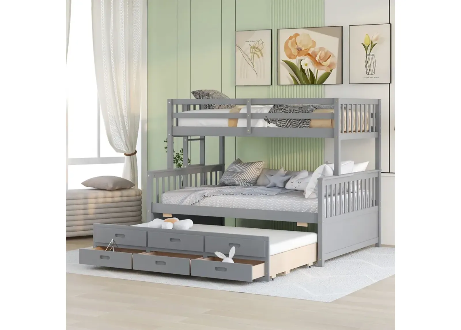 Twin Over Full Bunk Bed With Twin Size Trundle, Separable Bunk Bed With Drawers For Bedroom