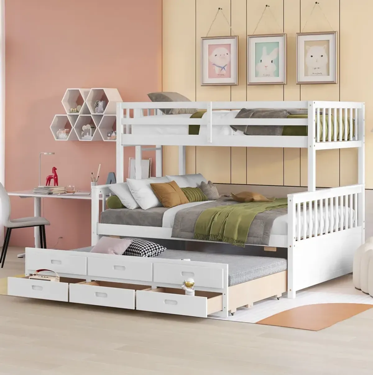 Twin Over Full Bunk Bed With Twin Size Trundle, Separable Bunk Bed With Drawers For Bedroom