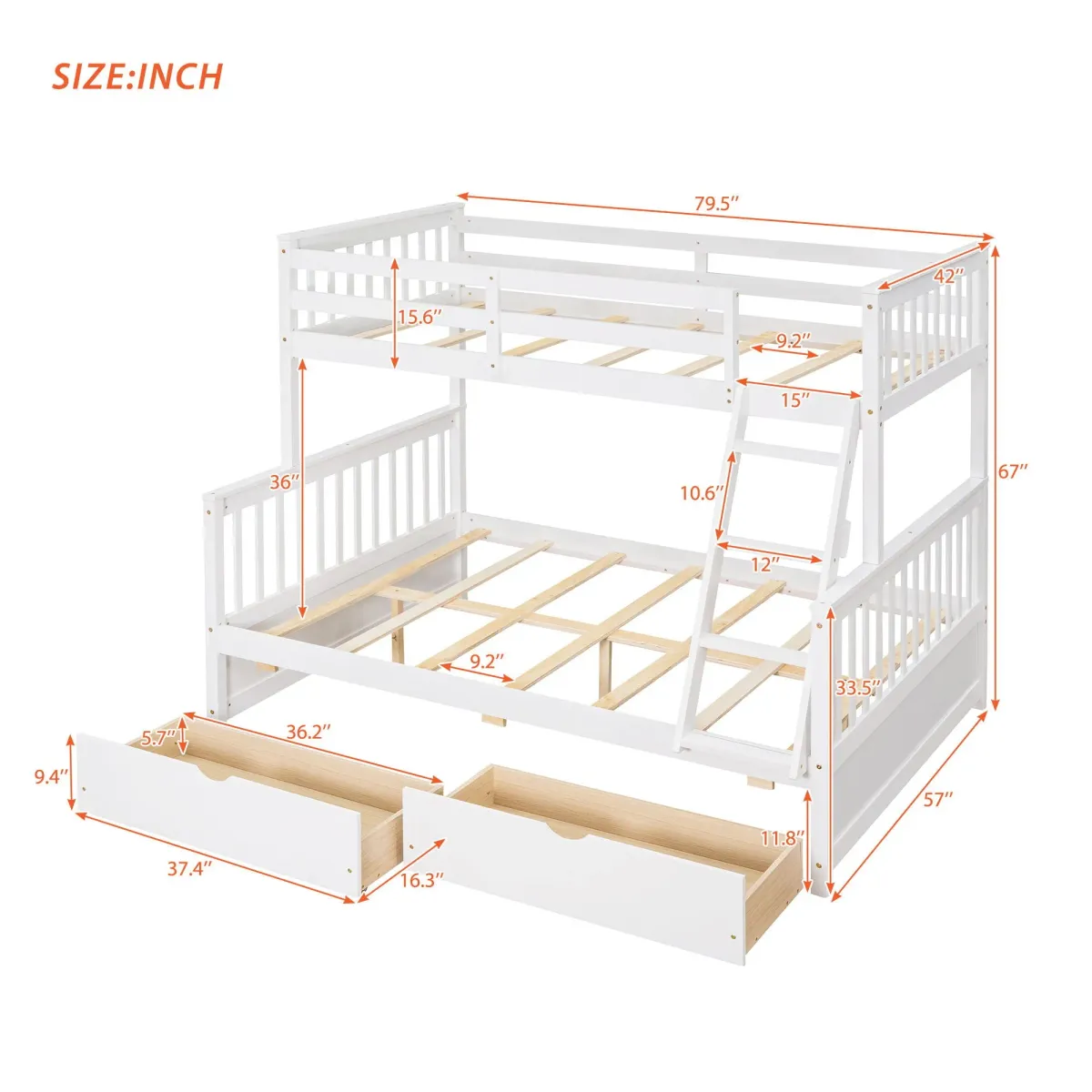 Twin Over Full Bunk Bed With Ladders And Two Storage Drawers