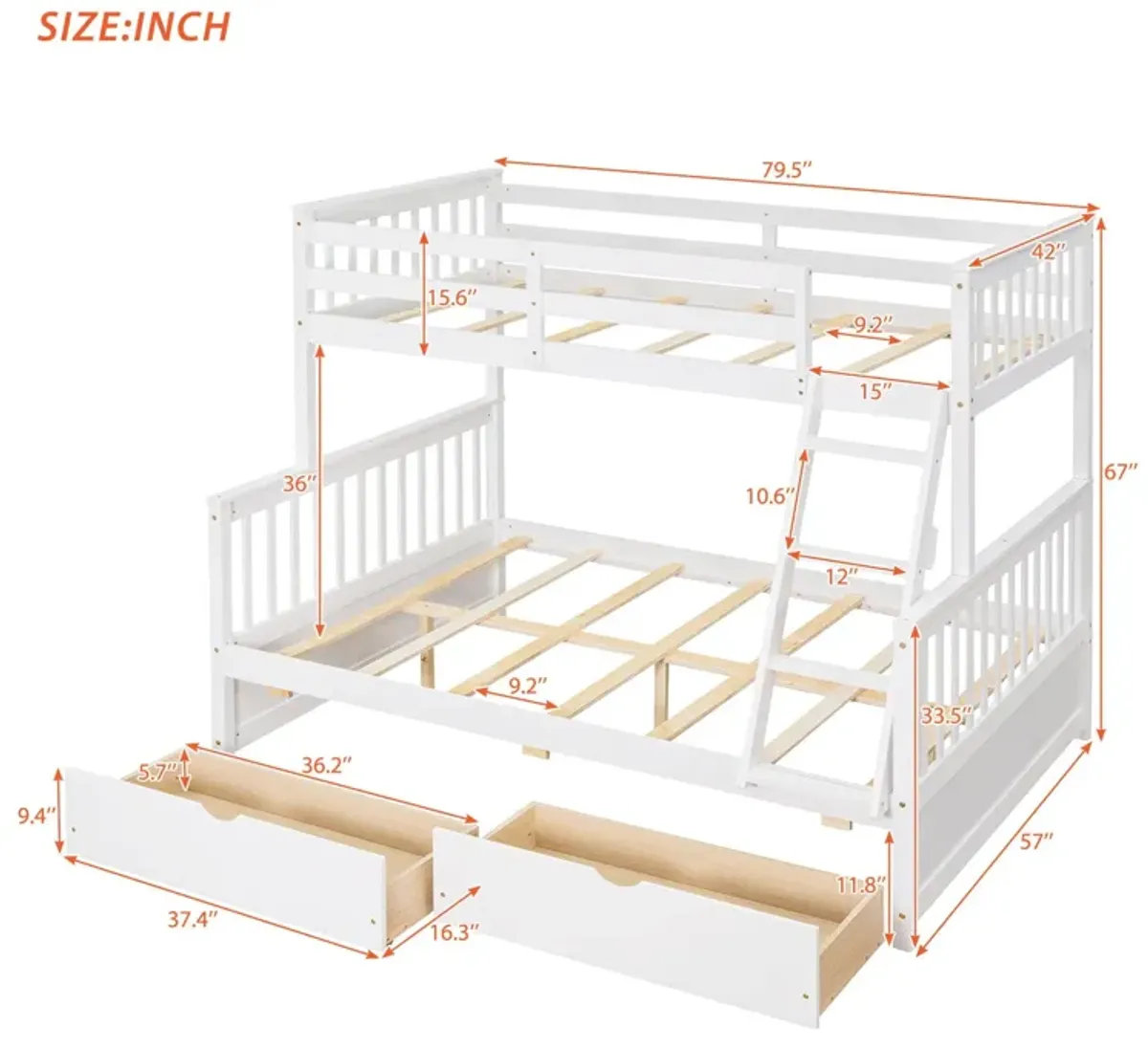 Twin Over Full Bunk Bed With Ladders And Two Storage Drawers