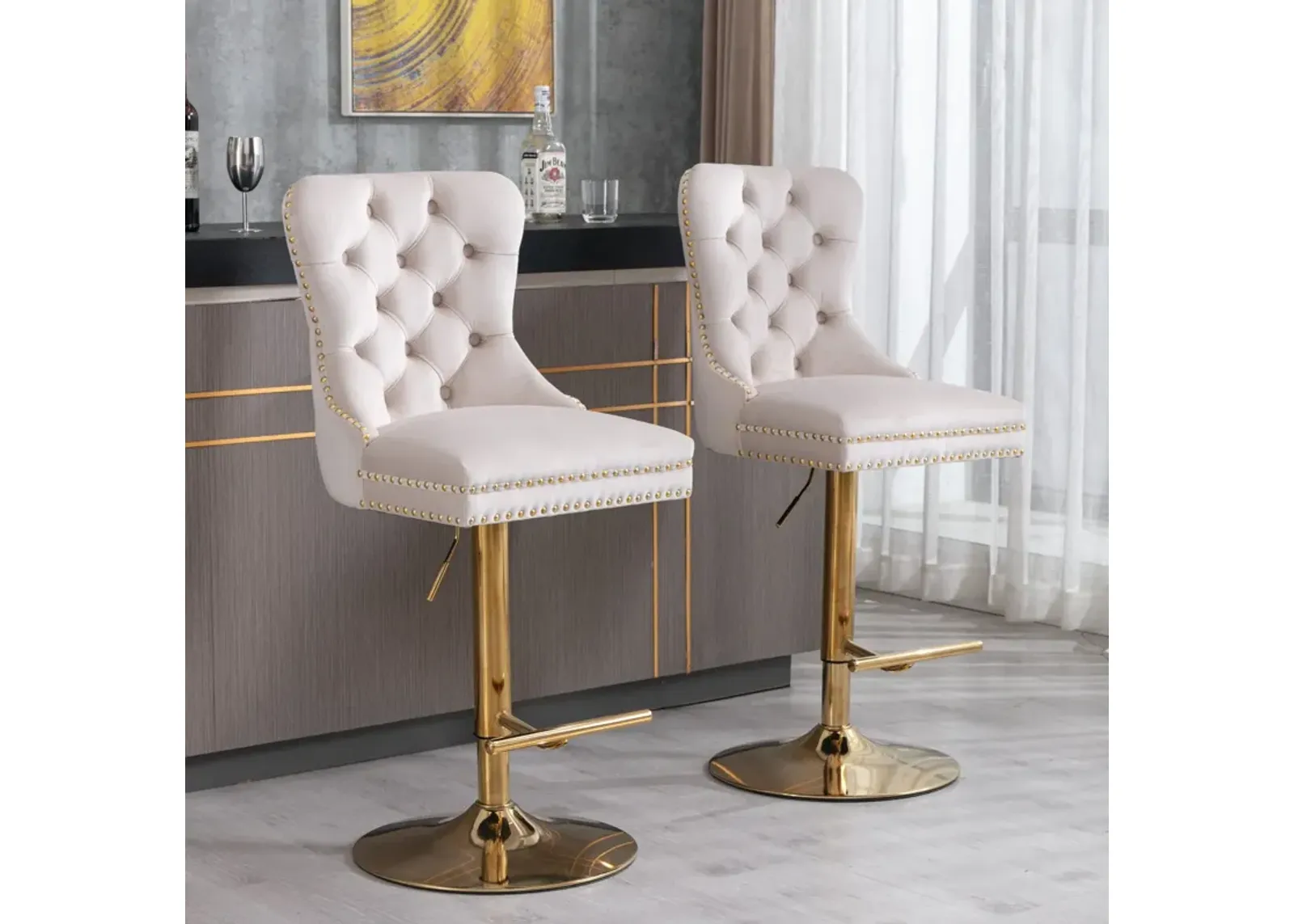 Thick Golden Swivel Velvet Barstools Adjusatble Seat Height From 25-33", Modern Upholstered Bar Stools With Backs Comfortable Tufted For Home Pub And Kitchen Island (Set of 2)