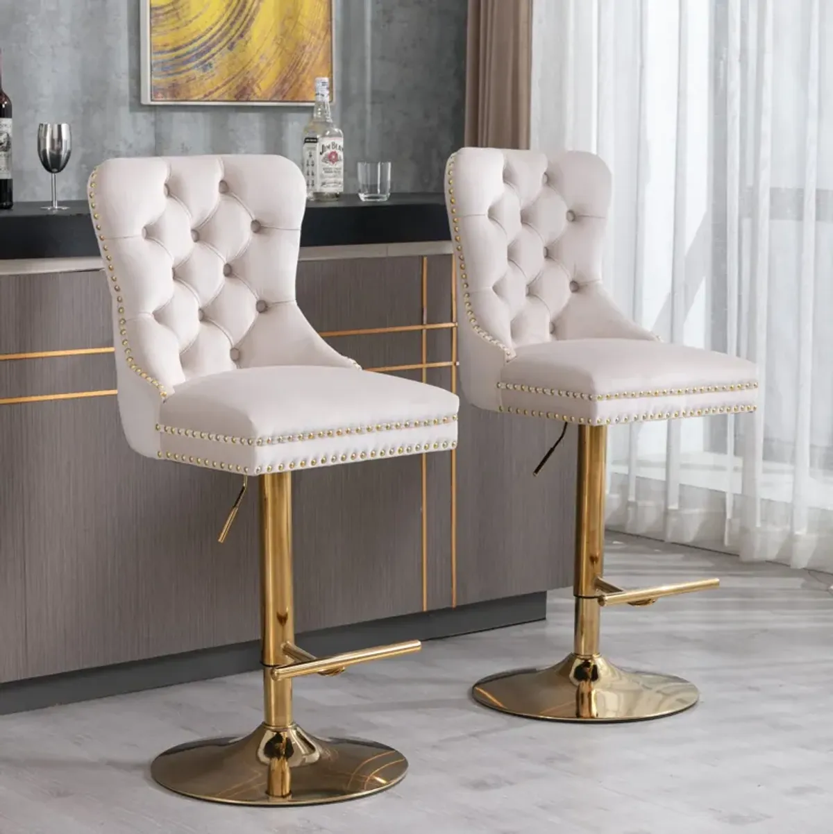 Thick Golden Swivel Velvet Barstools Adjusatble Seat Height From 25-33", Modern Upholstered Bar Stools With Backs Comfortable Tufted For Home Pub And Kitchen Island (Set of 2)