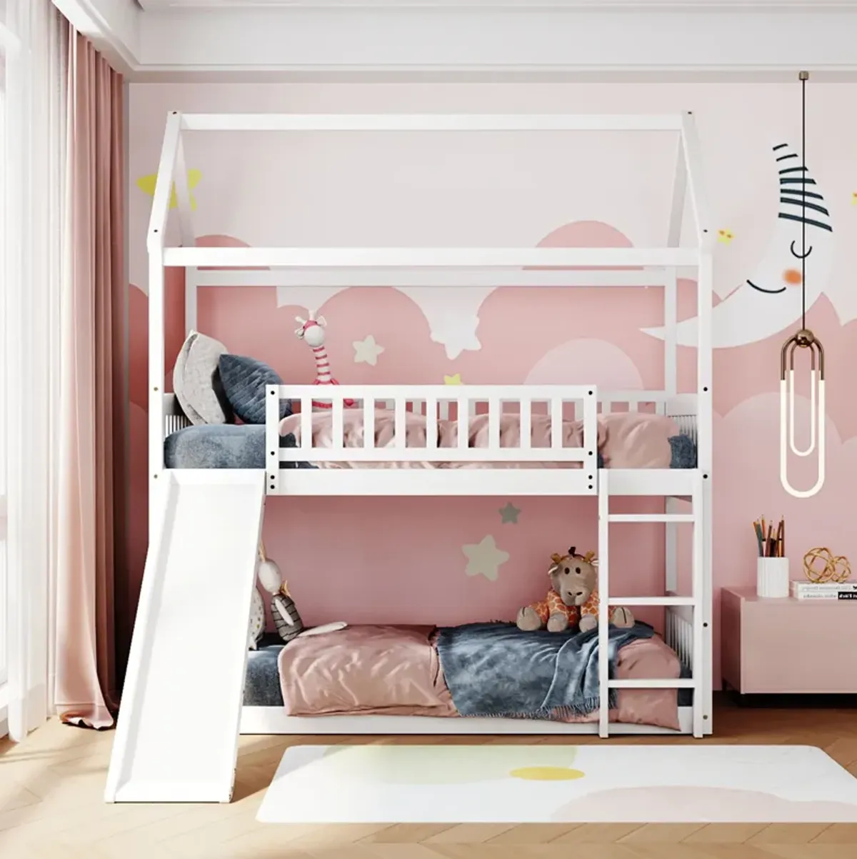 Twin Over Twin Bunk Bed With Slide, House Bed With Slide