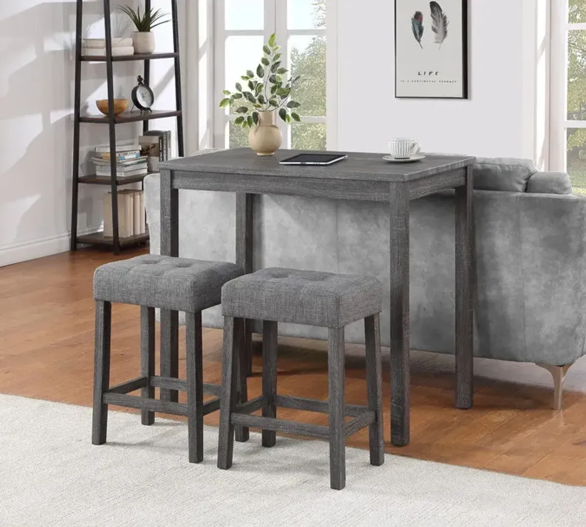 Lux - 3 Piece Counter Height Pub Table With Tufted Linen Stools (Set of 3)