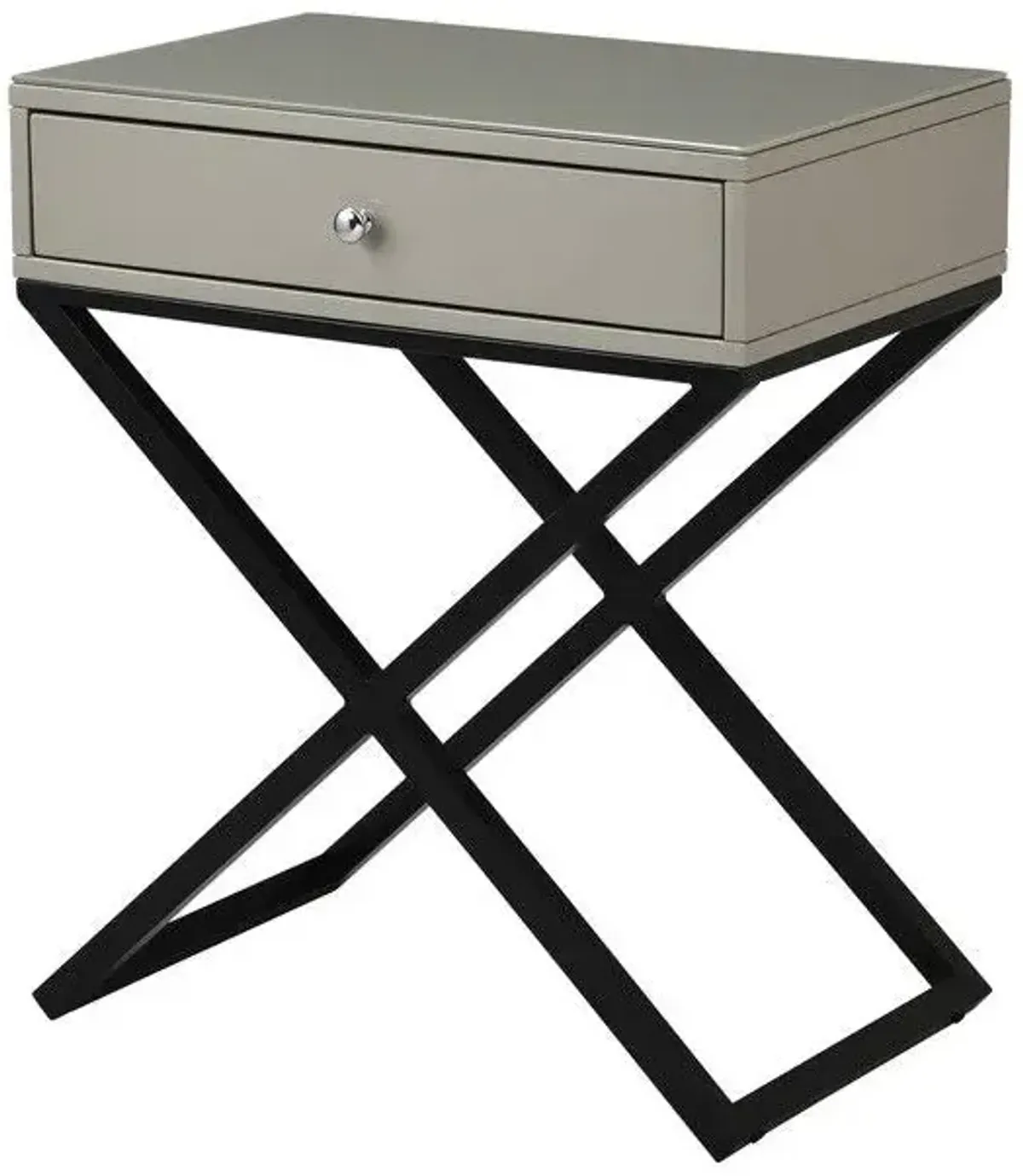 Koda - Wooden End Side Table Nightstand With Glass Top, Drawer And Metal Cross Base