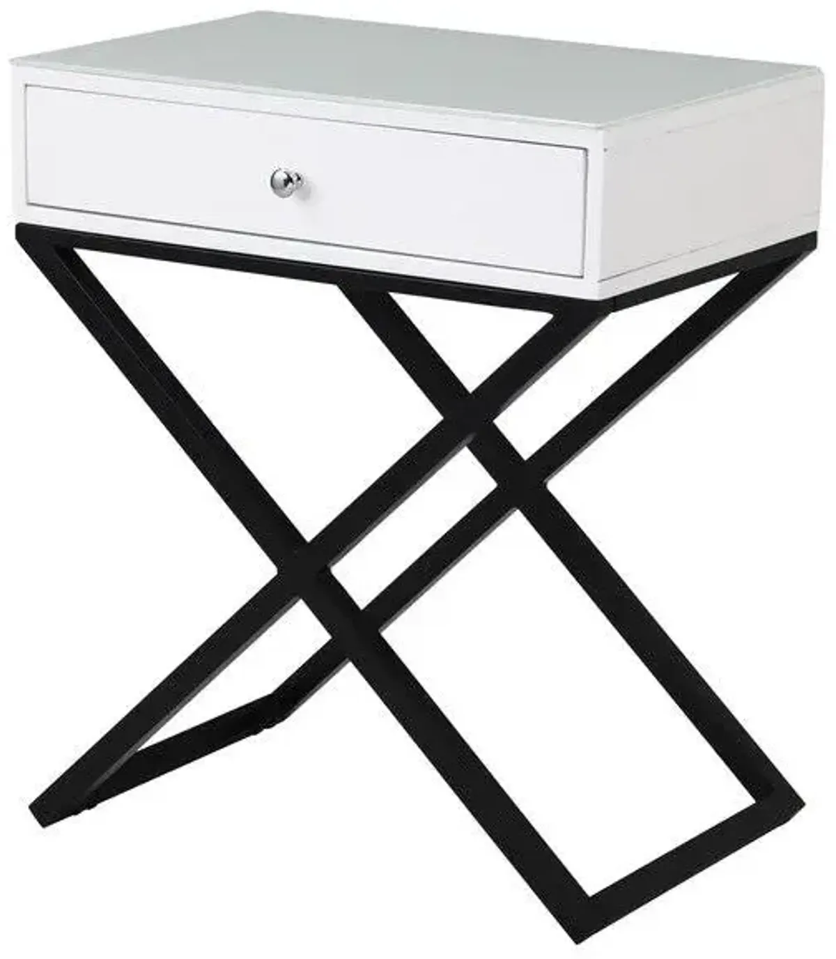 Koda - Wooden End Side Table Nightstand With Glass Top, Drawer And Metal Cross Base