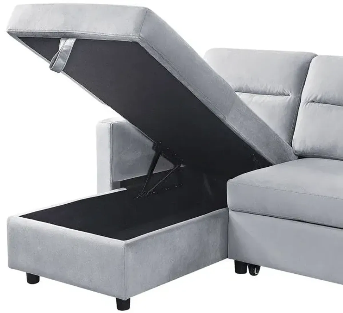 Ruby - Velvet Reversible Sleeper Sectional Sofa With Storage Chaise And Side Pocket - Light Gray