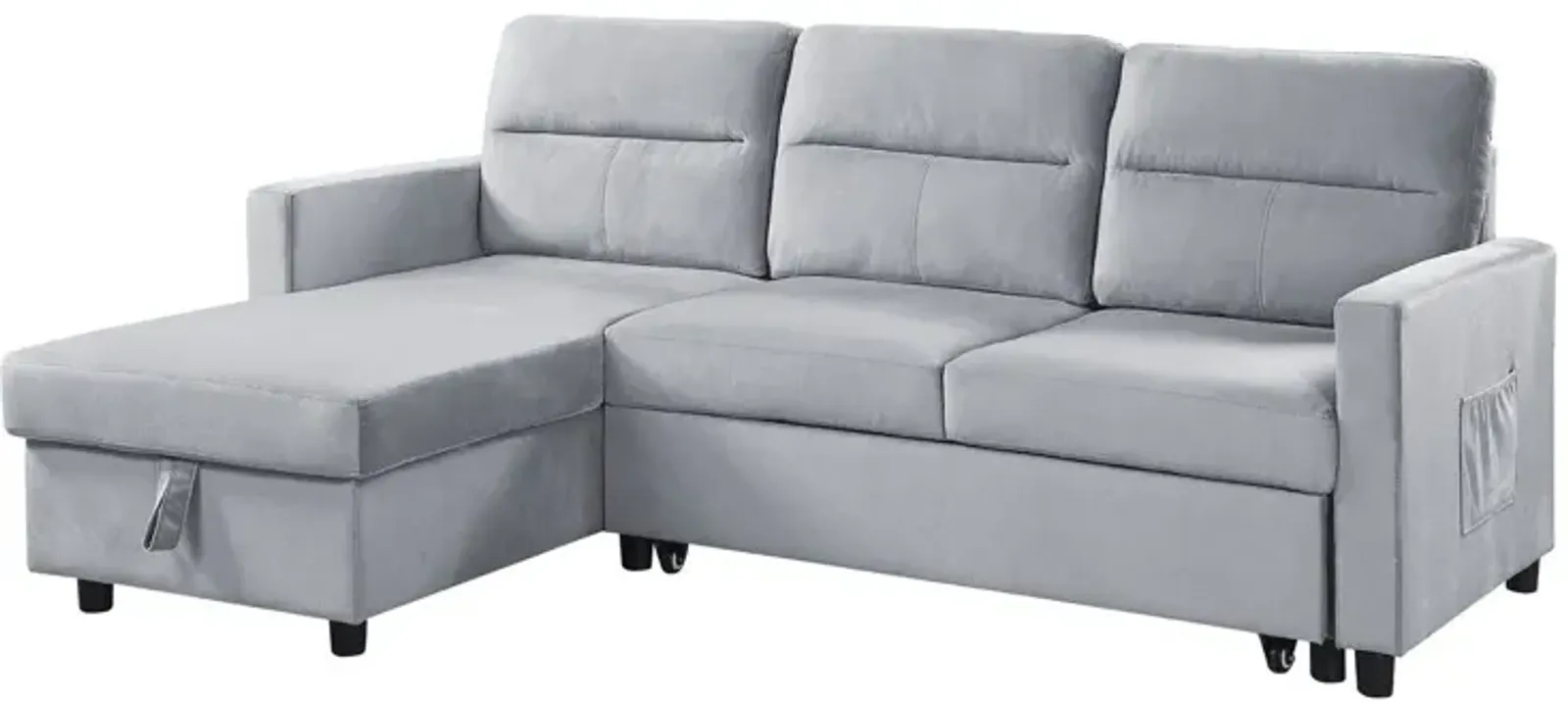 Ruby - Velvet Reversible Sleeper Sectional Sofa With Storage Chaise And Side Pocket - Light Gray