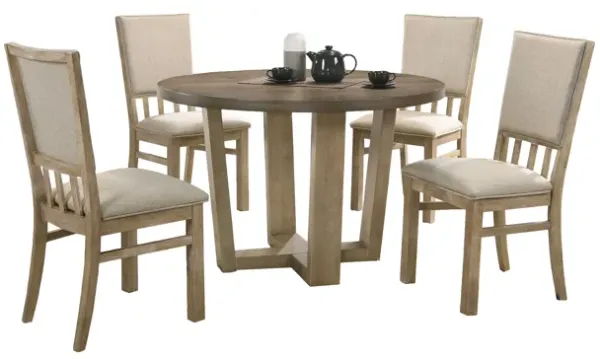 Brutus - 5 Piece Wide Contemporary Round Dining Table With Wheat Colored Fabric Chairs (Set of 5) - Vintage Walnut