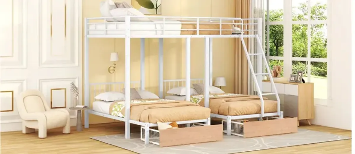 Bunk Bed, Metal Triple Bunk Bed With Drawers And Guardrails