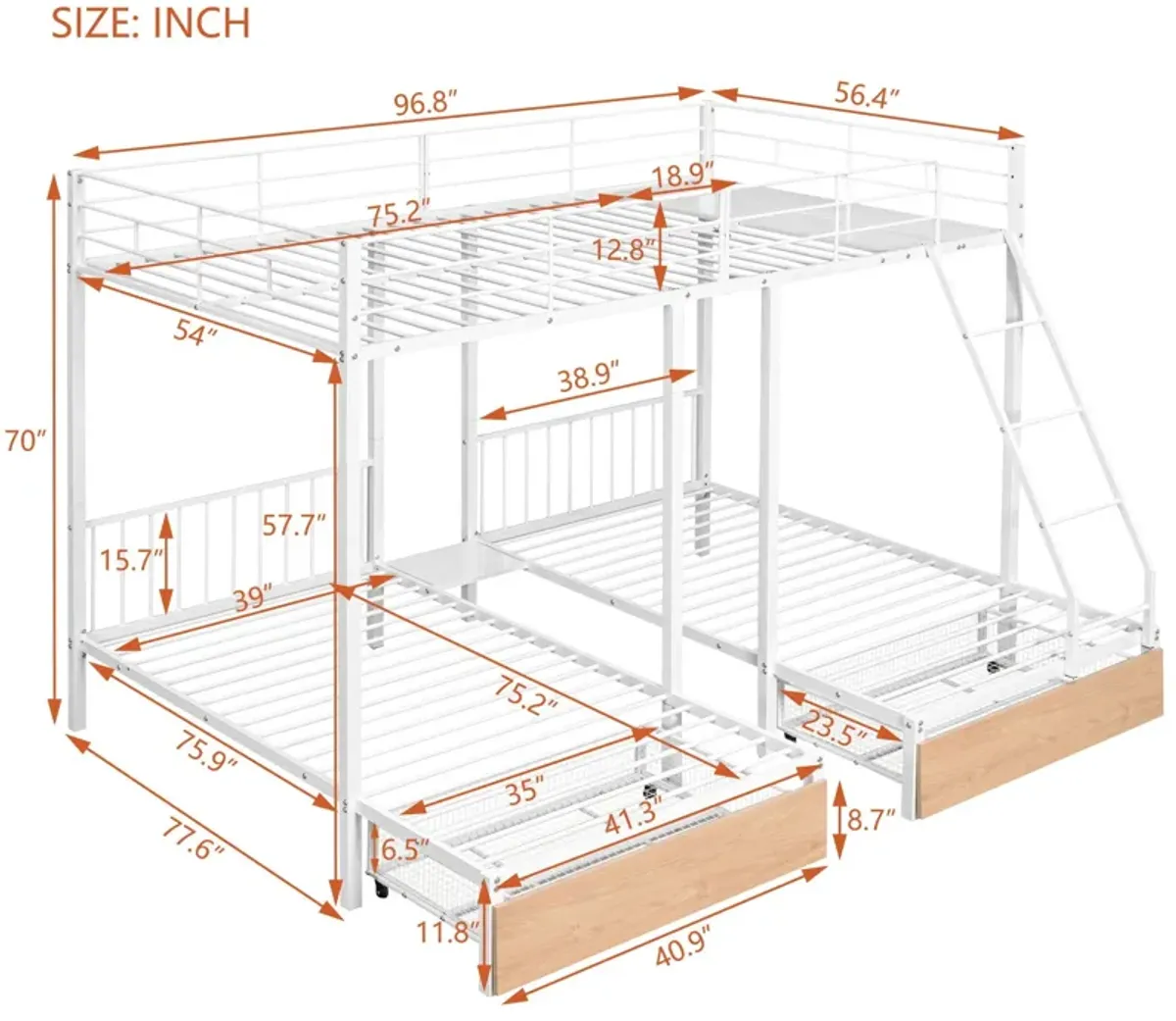 Bunk Bed, Metal Triple Bunk Bed With Drawers And Guardrails