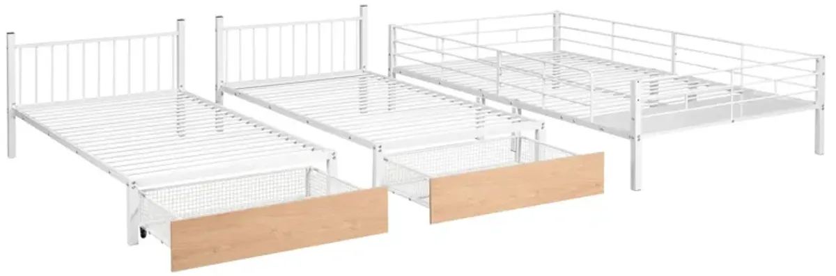 Bunk Bed, Metal Triple Bunk Bed With Drawers And Guardrails