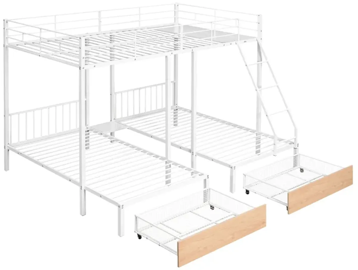 Bunk Bed, Metal Triple Bunk Bed With Drawers And Guardrails