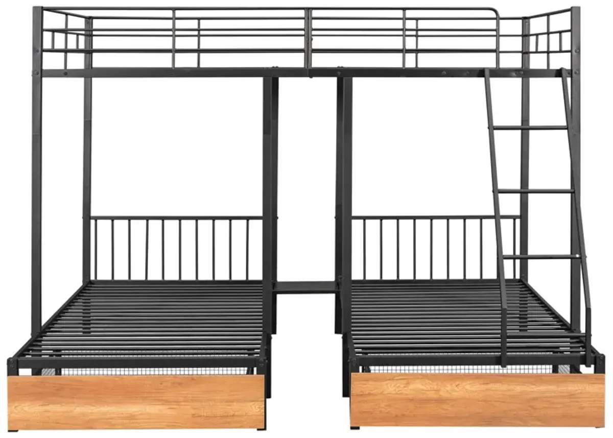 Bunk Bed, Metal Triple Bunk Bed With Drawers And Guardrails