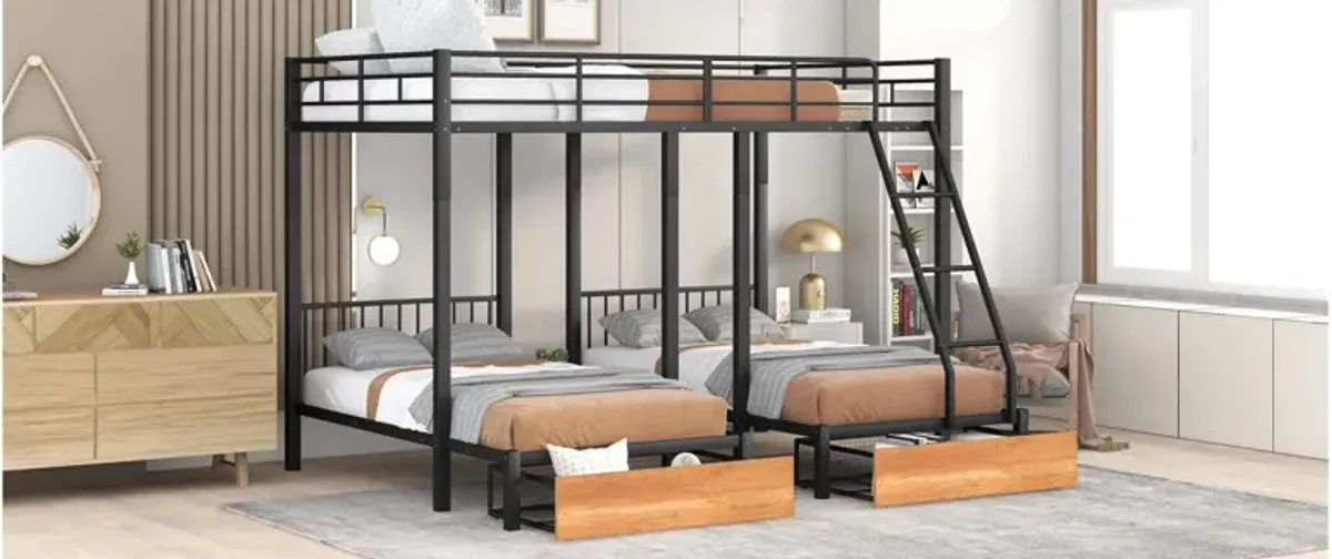 Bunk Bed, Metal Triple Bunk Bed With Drawers And Guardrails