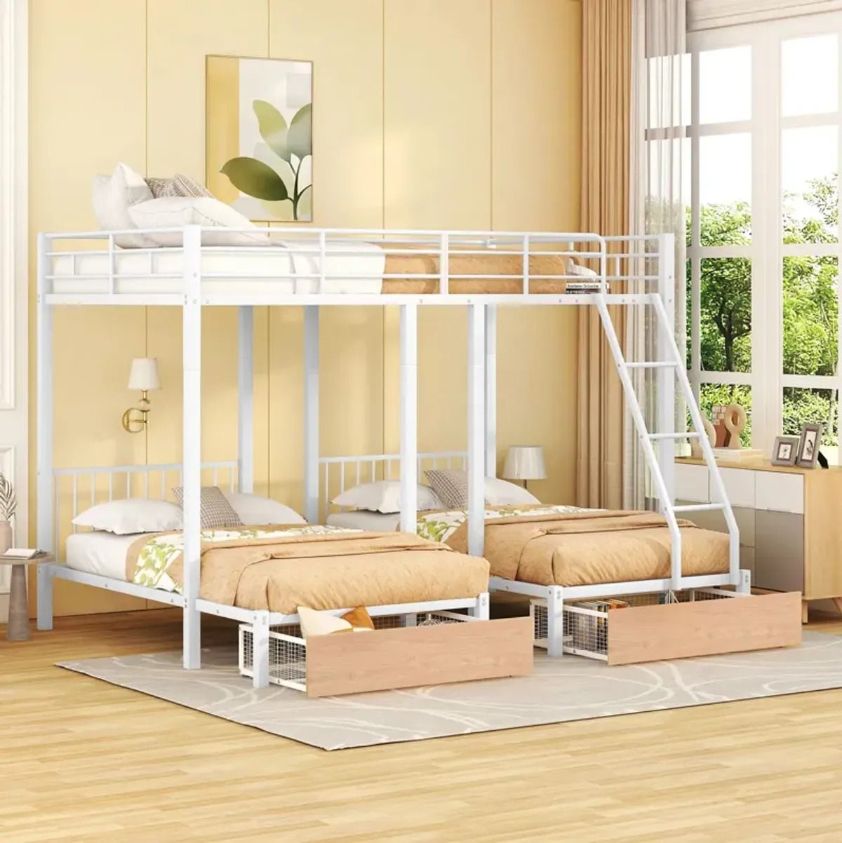 Bunk Bed, Metal Triple Bunk Bed With Drawers And Guardrails