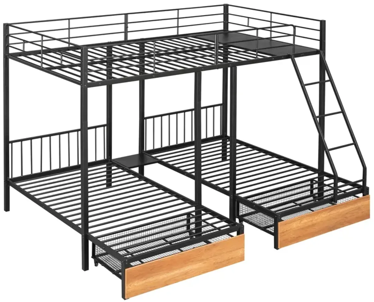 Bunk Bed, Metal Triple Bunk Bed With Drawers And Guardrails