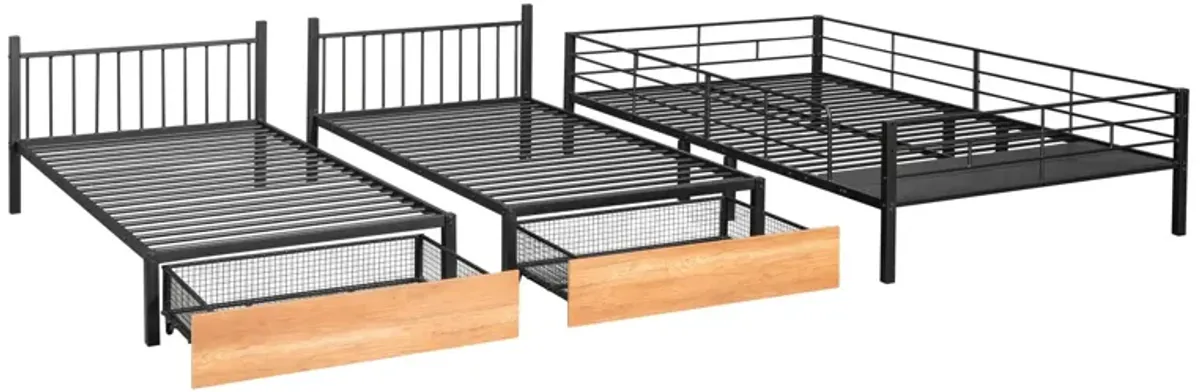 Bunk Bed, Metal Triple Bunk Bed With Drawers And Guardrails