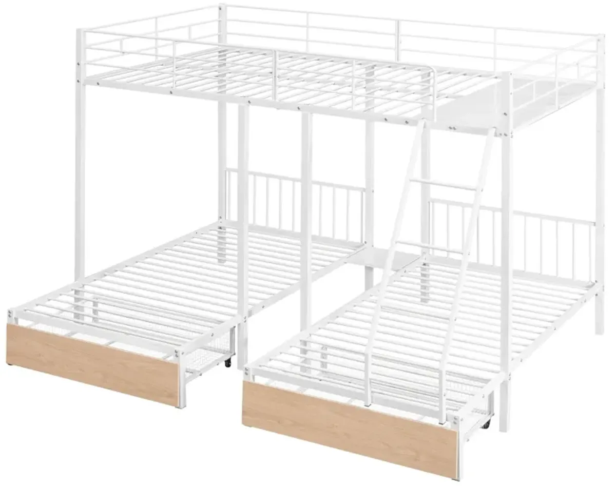 Bunk Bed, Metal Triple Bunk Bed With Drawers And Guardrails