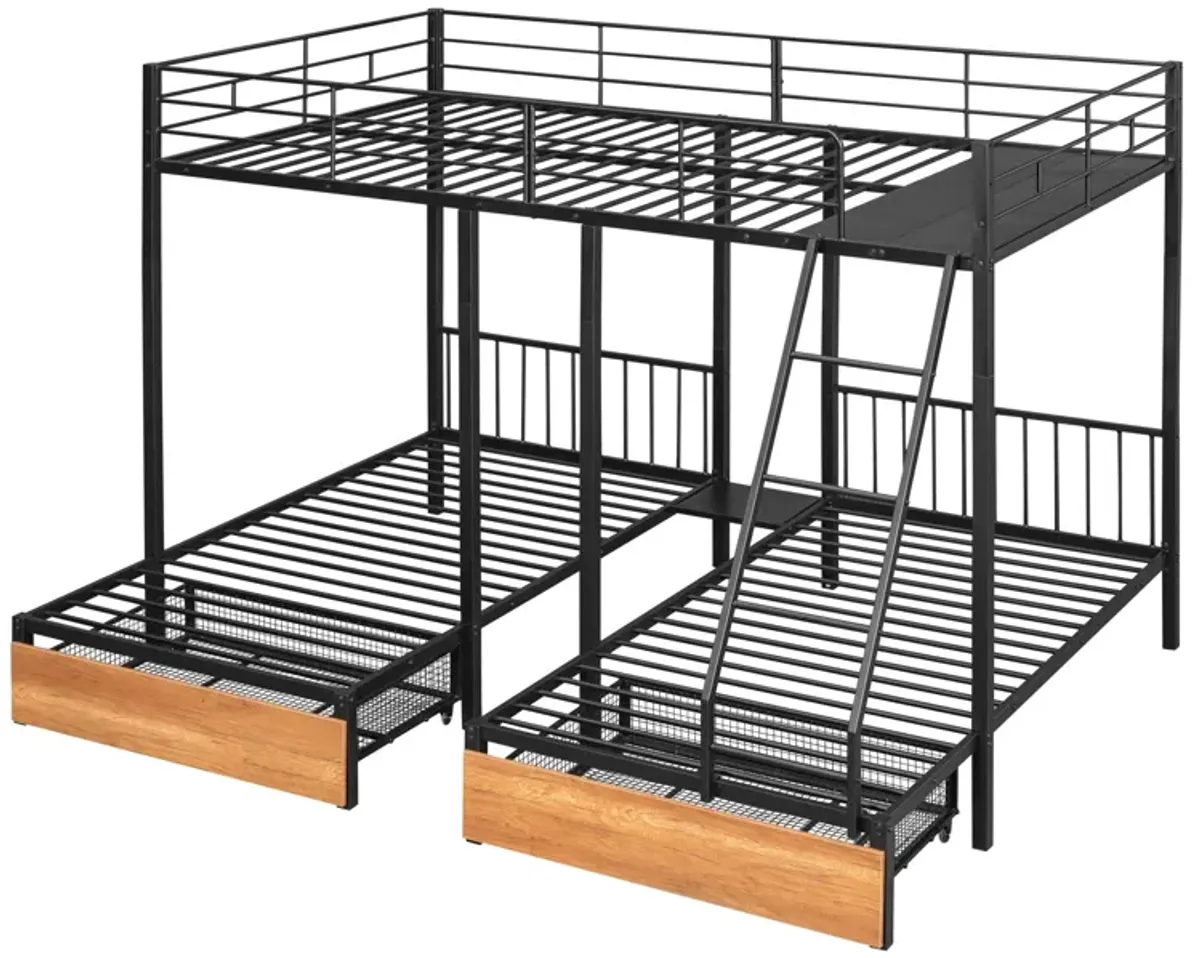 Bunk Bed, Metal Triple Bunk Bed With Drawers And Guardrails