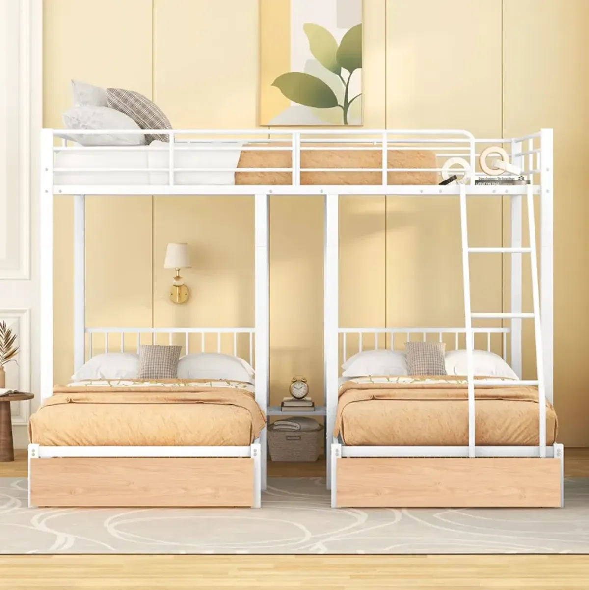 Bunk Bed, Metal Triple Bunk Bed With Drawers And Guardrails