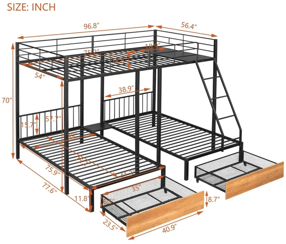 Bunk Bed, Metal Triple Bunk Bed With Drawers And Guardrails