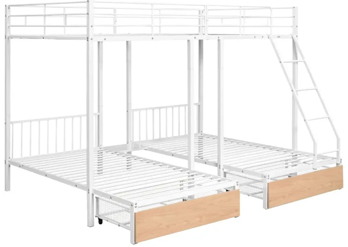 Bunk Bed, Metal Triple Bunk Bed With Drawers And Guardrails